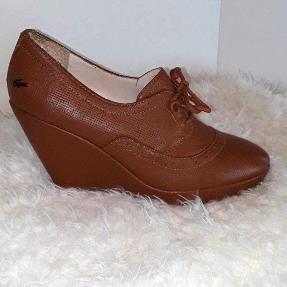 🐊Lacoste Paris Brown Leather Wedge Shoes. Women's Size: 7.5 - Picture 10 of 13